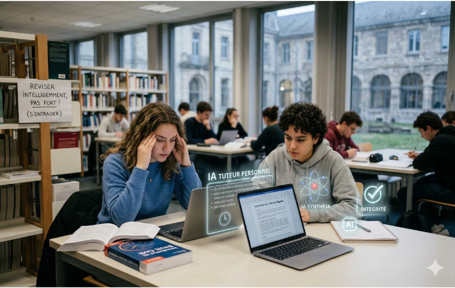 Étudiants utilisant l'intelligence artificielle sous forme d'hologramme pour une organisation optimale de leurs révisions et une réduction du stress lié à l'apprentissage.
