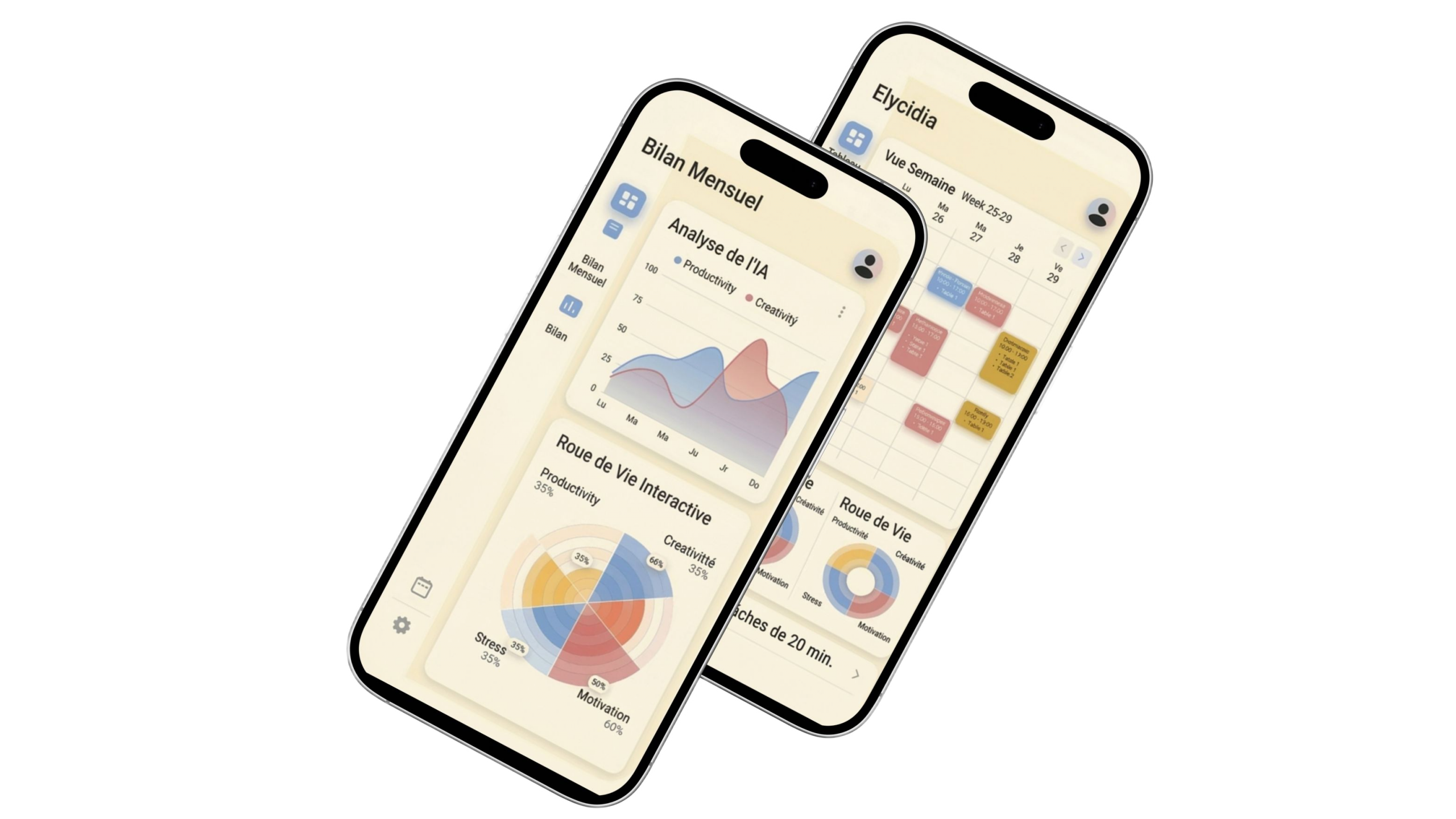 Interface utilisateur Elycidia : application de gestion du stress et carnet de bord intelligent pour étudiants avec analyse d'IA.