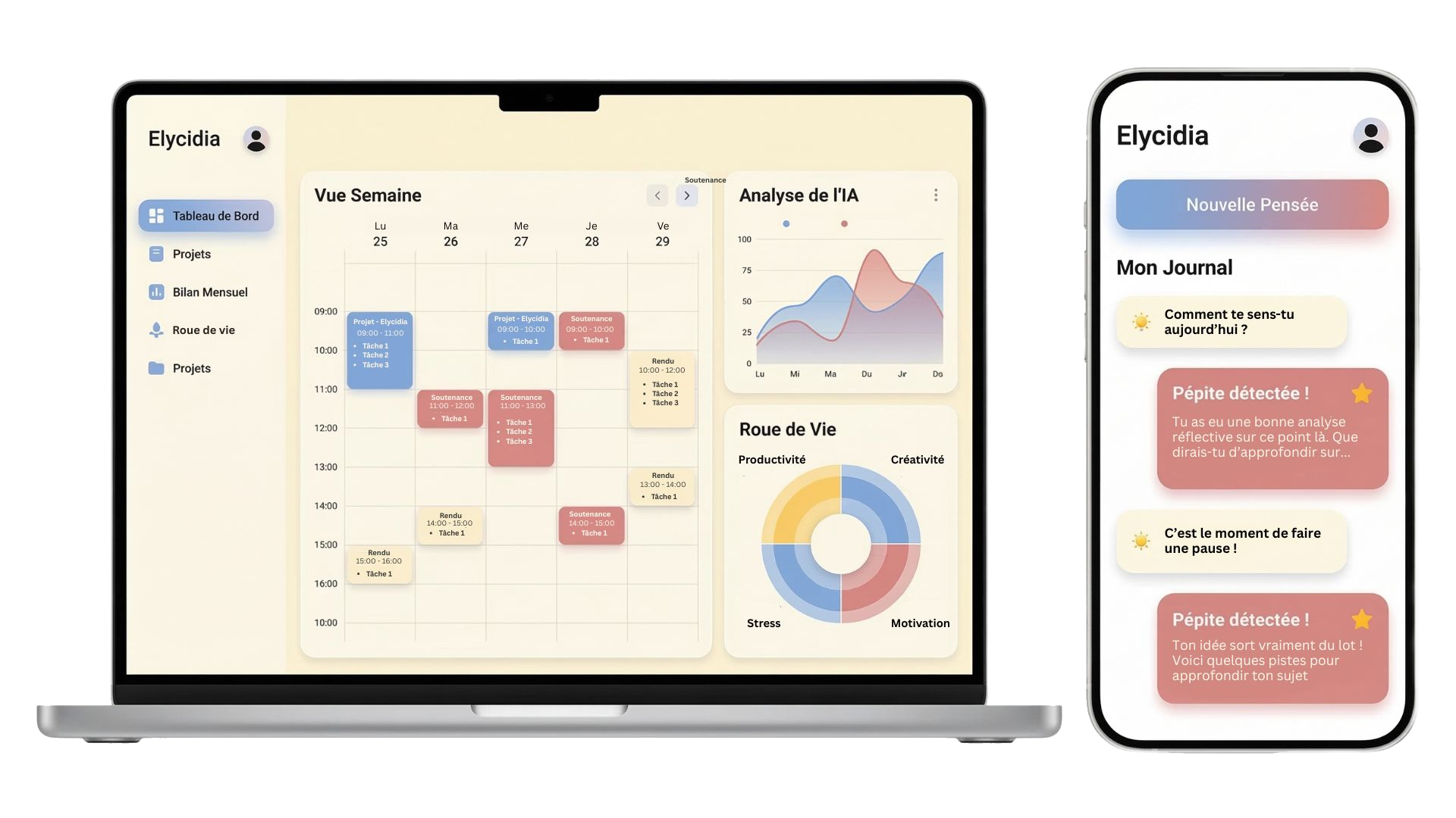 Interface utilisateur Elycidia : application de gestion du stress et carnet de bord intelligent pour étudiants avec analyse d'IA.